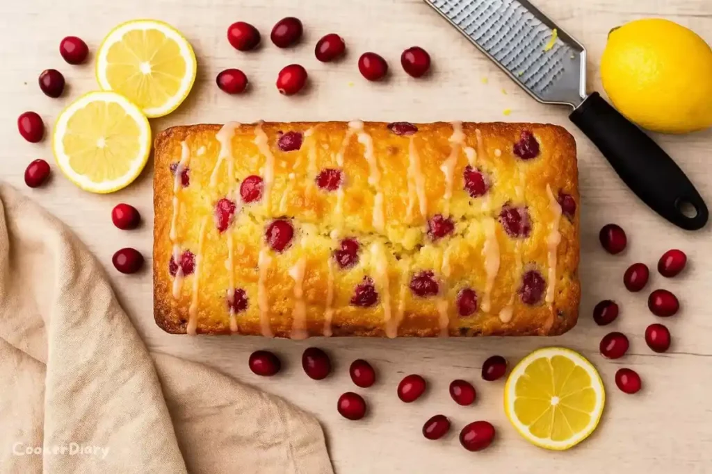 Overhead image of a glazed lemon cranberry loaf on a wooden surface.