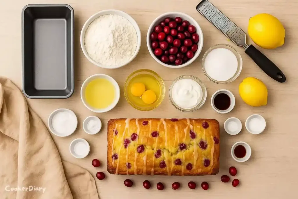 Flat-lay of ingredients for lemon cranberry bread with flour, cranberries, and lemons.