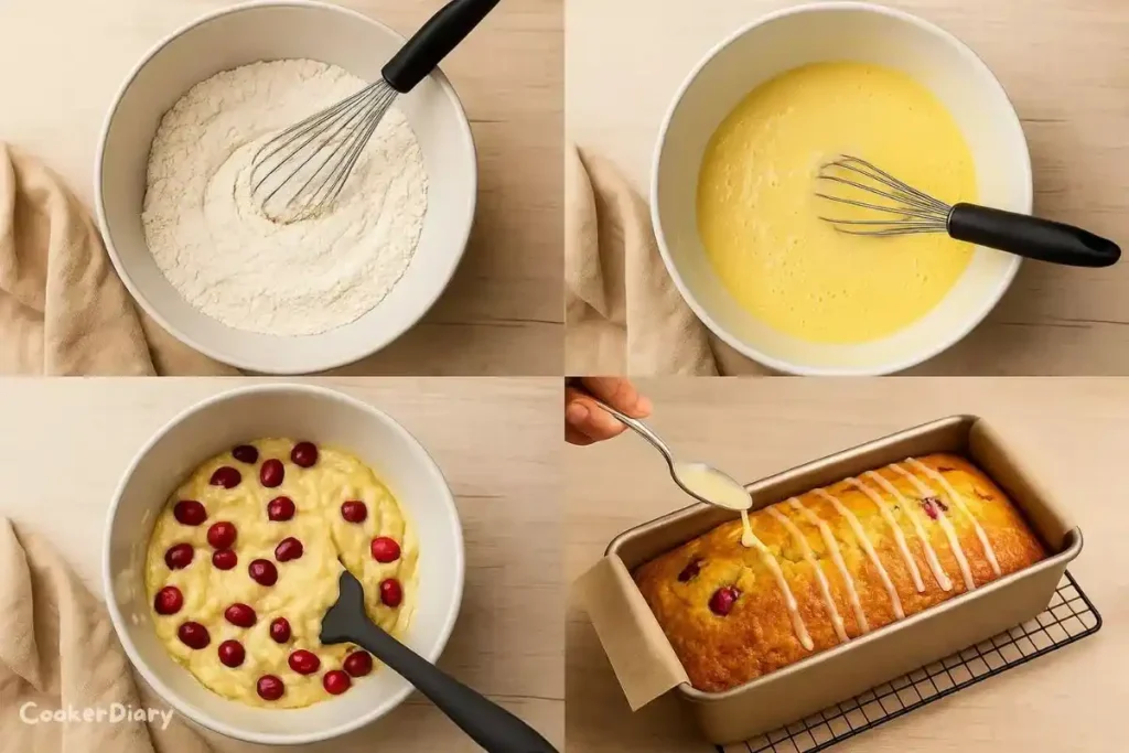 Four-step photo grid showing mixing, folding cranberries, baking, and glazing.
