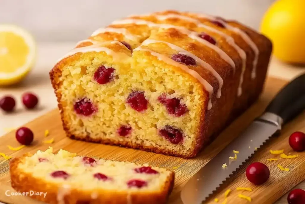 Close-up angled shot of sliced lemon cranberry bread showing tender crumb and cranberries.