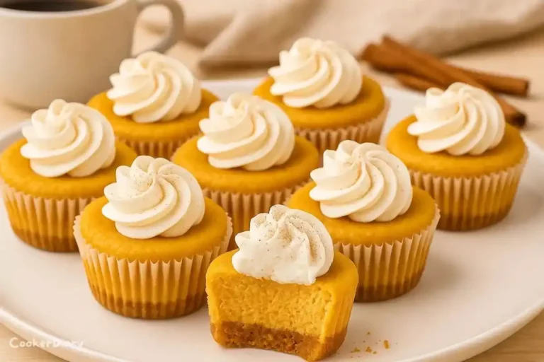 Side-angle view of cheesecakes with whipped cream topping and crumbly crust.