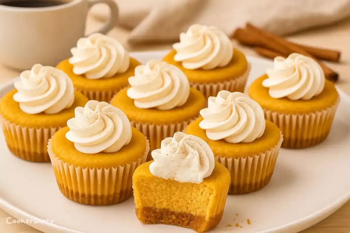 Side-angle view of cheesecakes with whipped cream topping and crumbly crust.