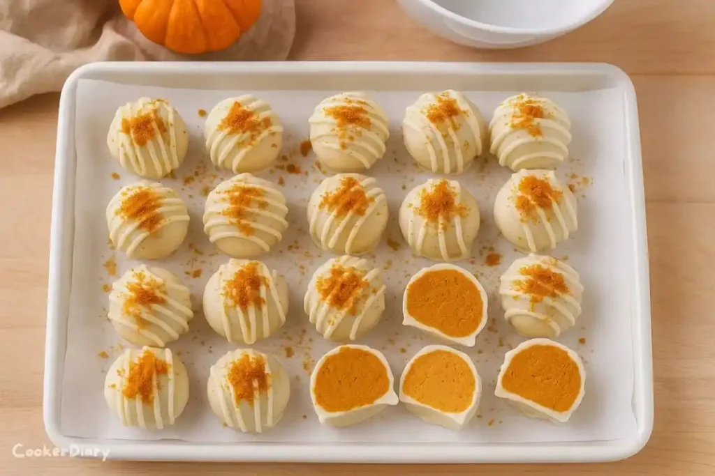 Top-down view of no-bake pumpkin cheesecake balls coated in white chocolate and sprinkled with graham crumbs.