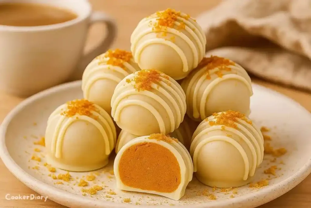 Side angle of pumpkin cheesecake balls with white chocolate coating and pumpkin filling inside.