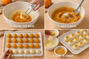 Four-step composite showing how to make no-bake pumpkin cheesecake balls — mixing, shaping, dipping, and decorating.