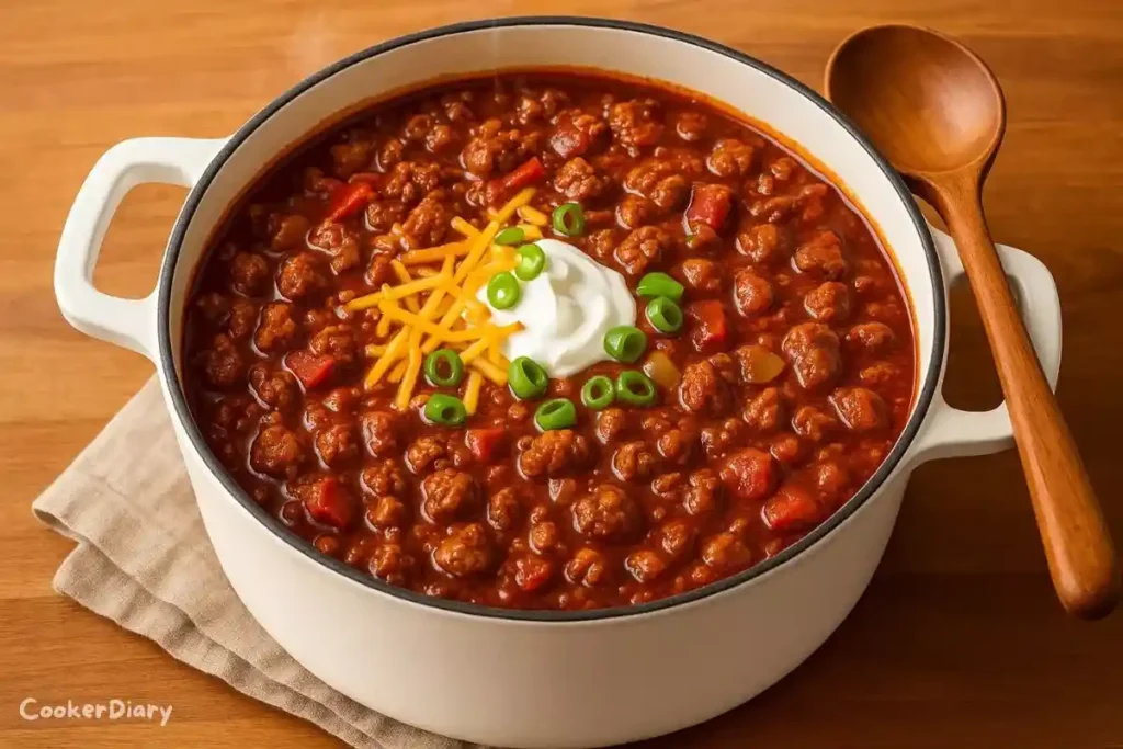Top-down view of no-bean chili in black Dutch oven with toppings of cheese, scallions, and sour cream.