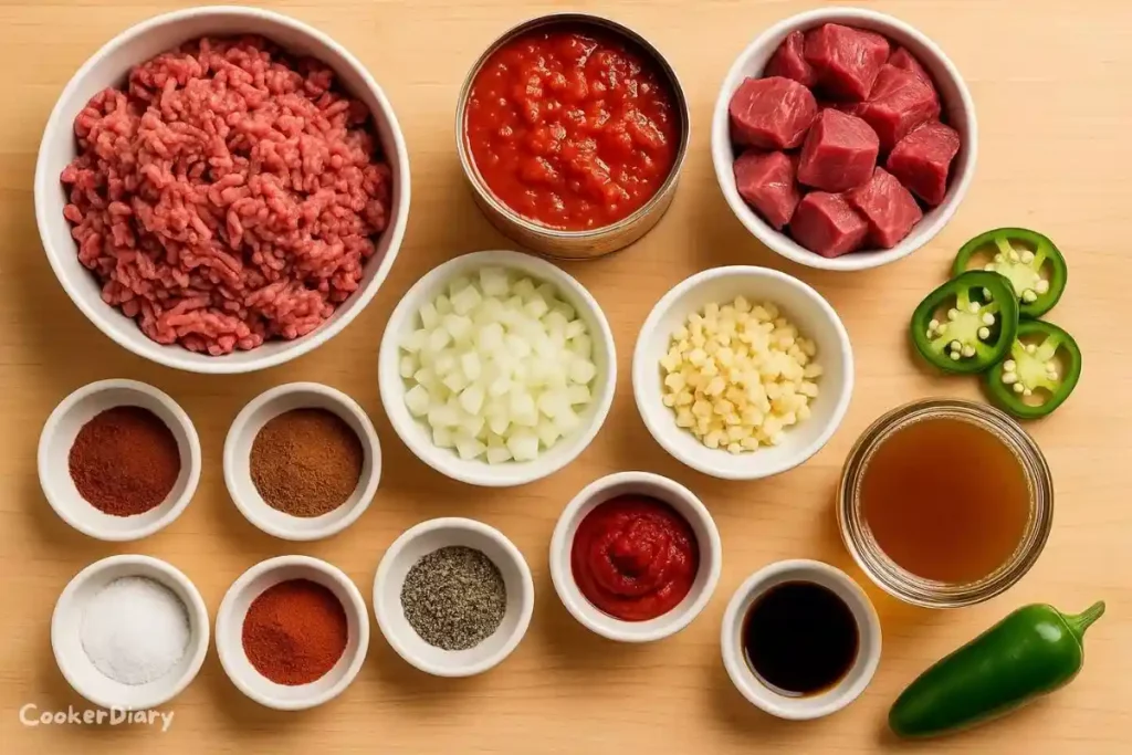 Flat-lay ingredients for no-bean chili including beef, spices, tomato, garlic, and broth.