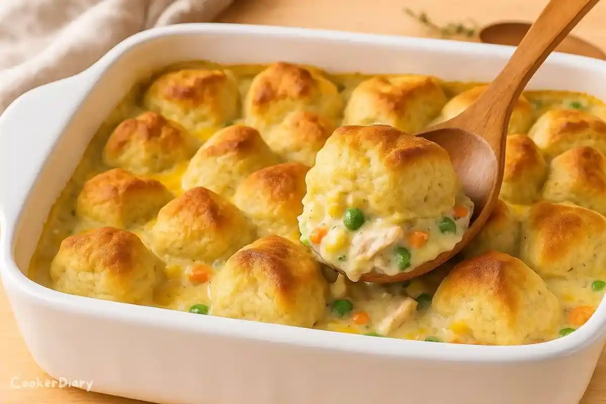 Angled close-up of chicken and biscuit casserole showing creamy filling and golden biscuits.