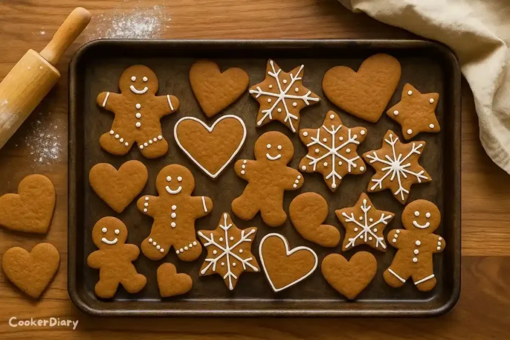 Top-down shot of gingerbread cookies in festive shapes on a baking tray.