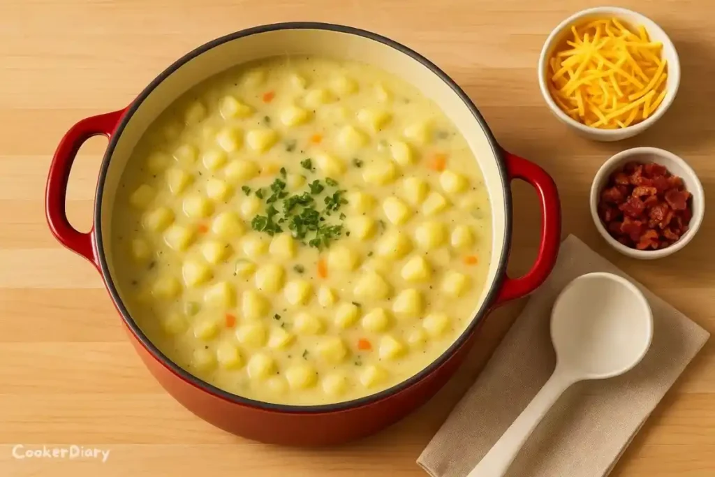 Top-down view of creamy old-fashioned potato soup in a cast iron Dutch oven.