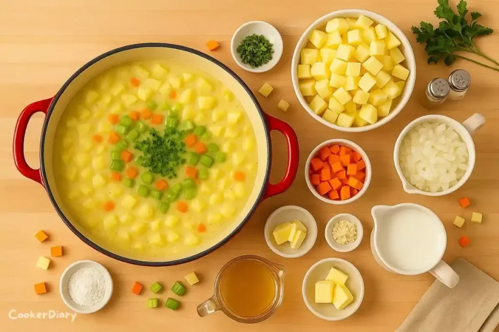 Flat-lay of potato soup ingredients including potatoes, carrots, celery, and broth.