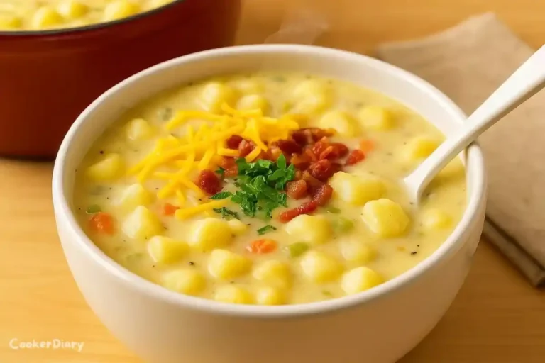 Angled close-up of creamy potato soup with vegetables in a white bowl.