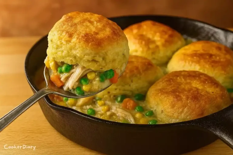 Close-up angled shot of One-Pan Biscuit Casserole with lifted biscuit.