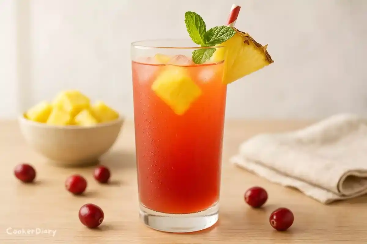 Side view of a juice glass with garnishes on a wooden table.