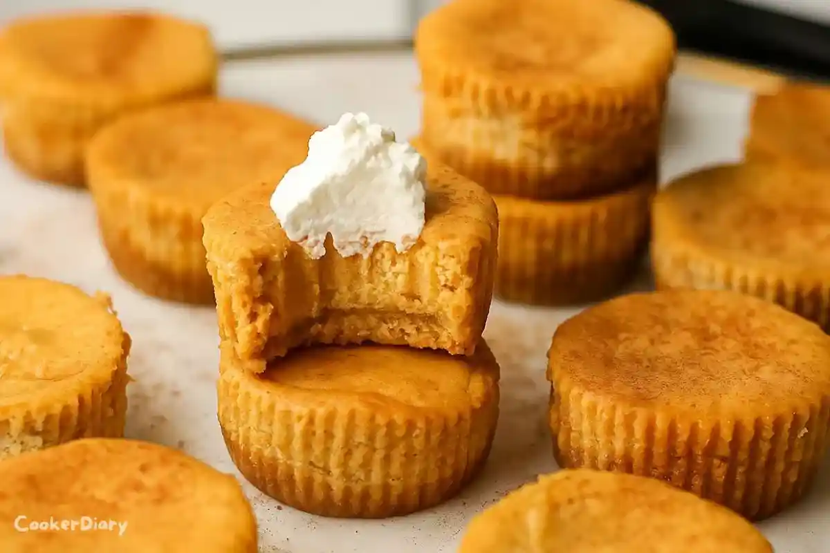 Angled close-up of pumpkin cheesecake bites showing creamy layers and graham crust on a rustic plate.