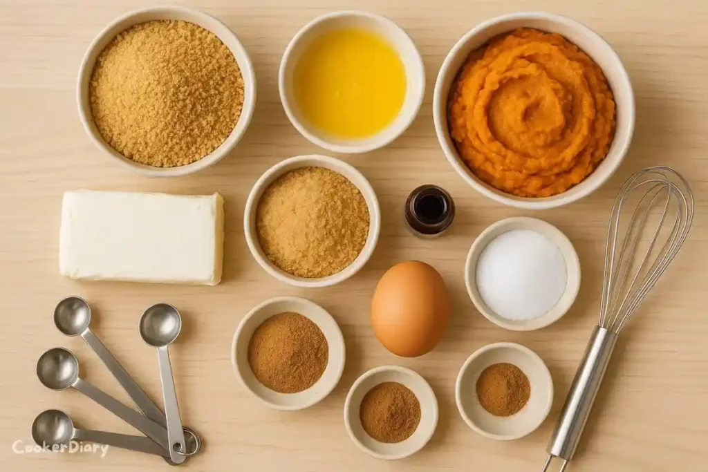 Flat-lay of fresh ingredients for pumpkin bite recipe including pumpkin puree, cream cheese, sugars, and spices.