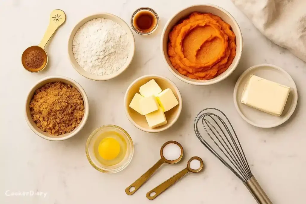 Flat-lay of pumpkin cheesecake cookie ingredients including pumpkin purée, flour, brown sugar, butter, egg, cream cheese, and spices.
