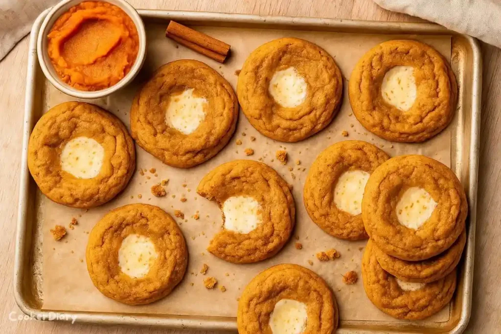 Top-down view of pumpkin cheesecake cookies with golden-orange dough and creamy cheesecake centers on a parchment-lined baking tray.