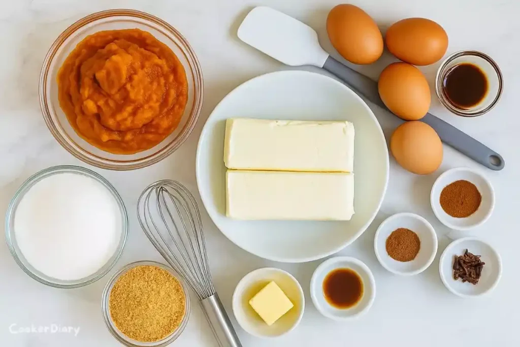 Flat-lay of pumpkin cheesecake ingredients including pumpkin puree, cream cheese, eggs, sugar, spices, and graham cracker crumbs.