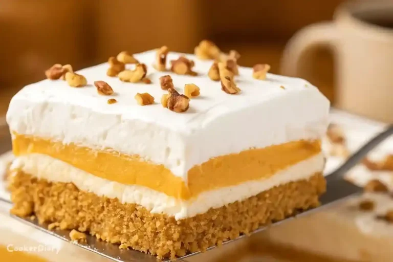 Angled close-up of pumpkin cheesecake lasagna slice showing creamy layered texture.