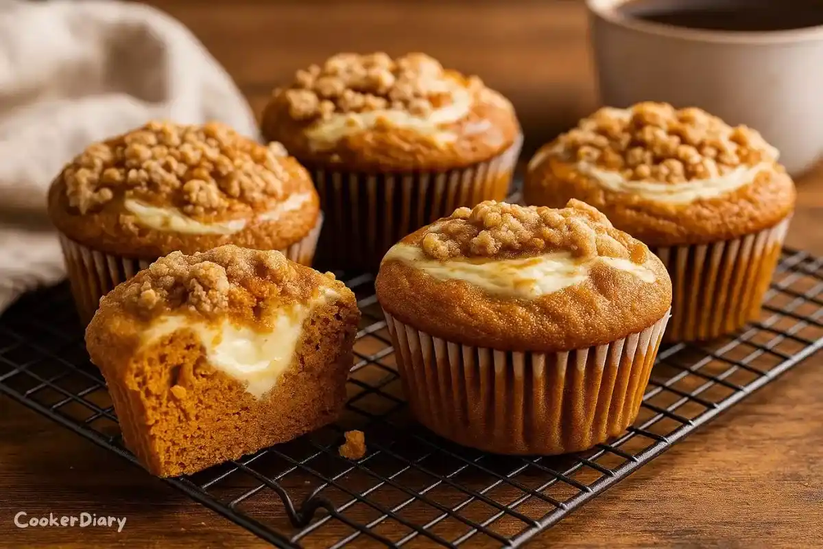 Side angle of muffins on a cooling rack showing creamy centers and golden tops.