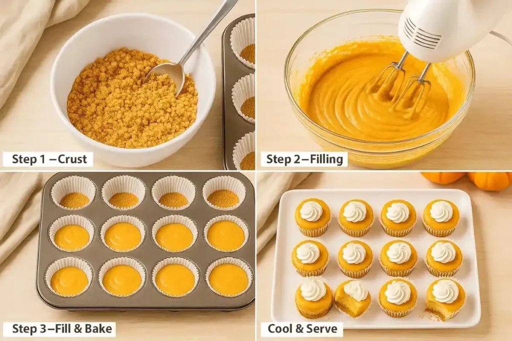 Four-step composite showing crust preparation, filling, baking, and topping for mini pumpkin cheesecakes.