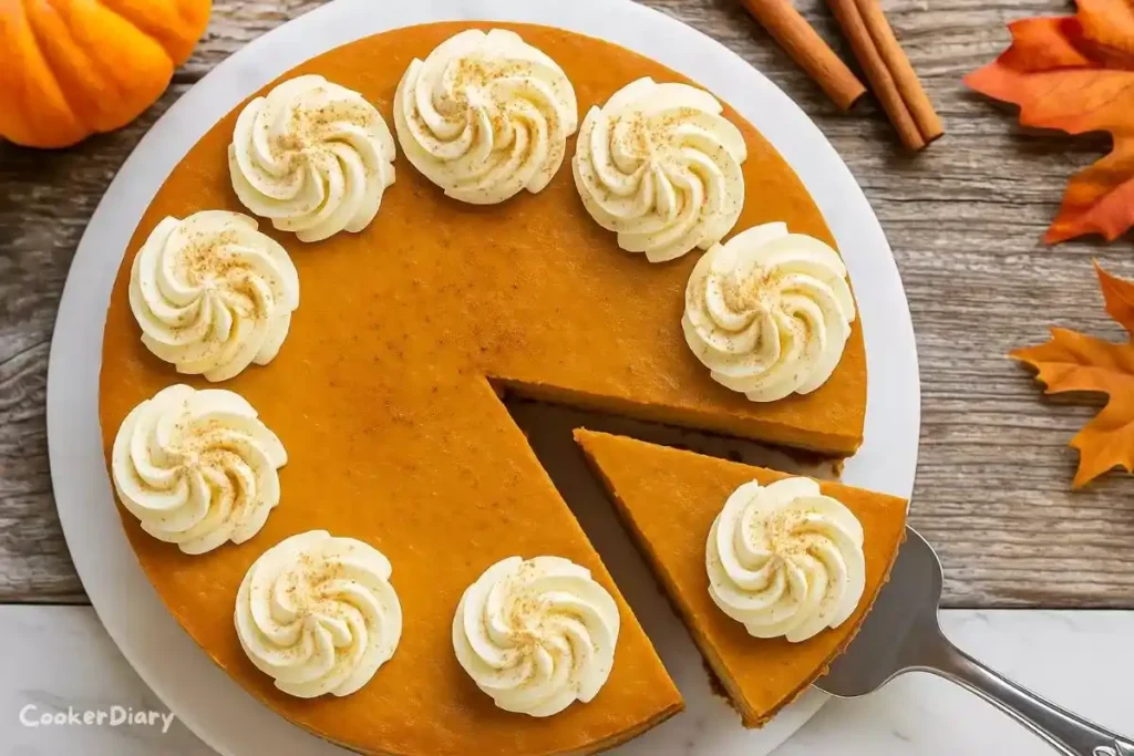 Pumpkin cheesecake with a golden graham cracker crust, topped with whipped cream swirls and cinnamon dusting.