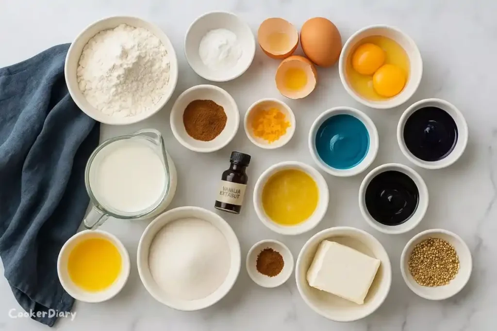 Flat-lay of Sagittarius cake ingredients with galaxy frostings and gold sprinkles.