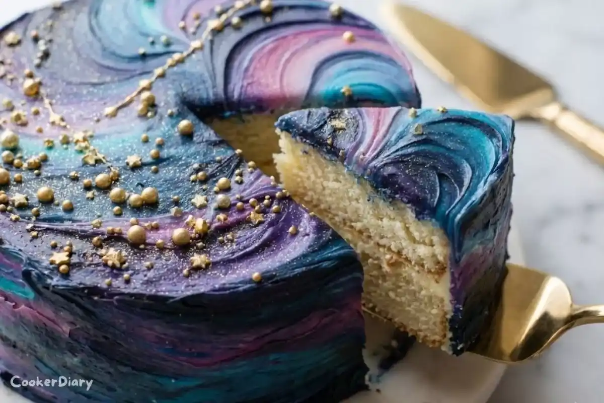 Angled close-up of galaxy Sagittarius cake with slice lifted, showing texture.