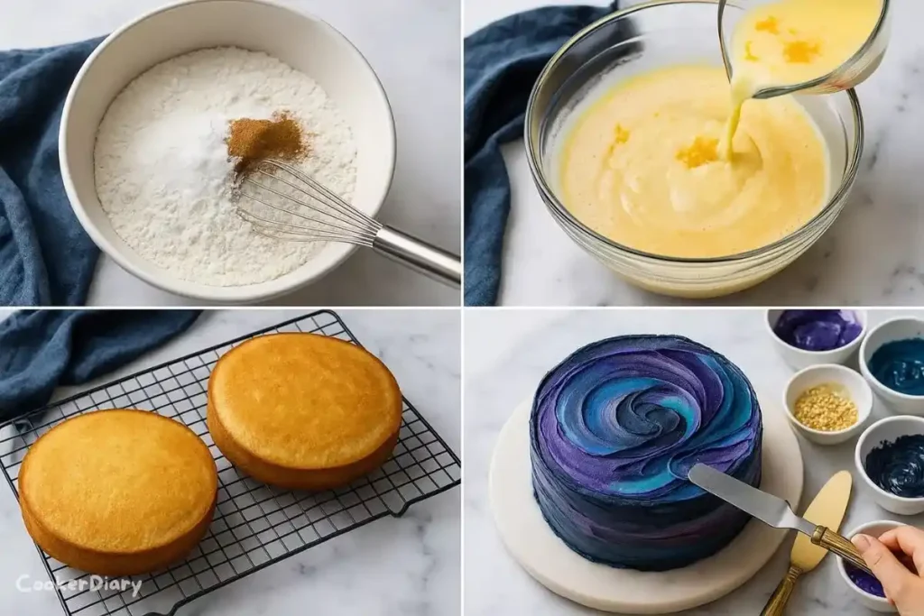 Four-stage composite showing mixing, baking, frosting, and decorating recipe steps.