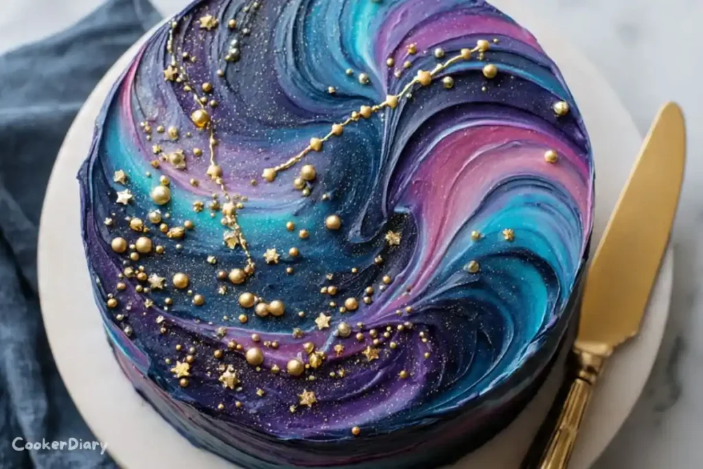 Top-down view of galaxy-frosted Sagittarius cake with gold constellation stars.