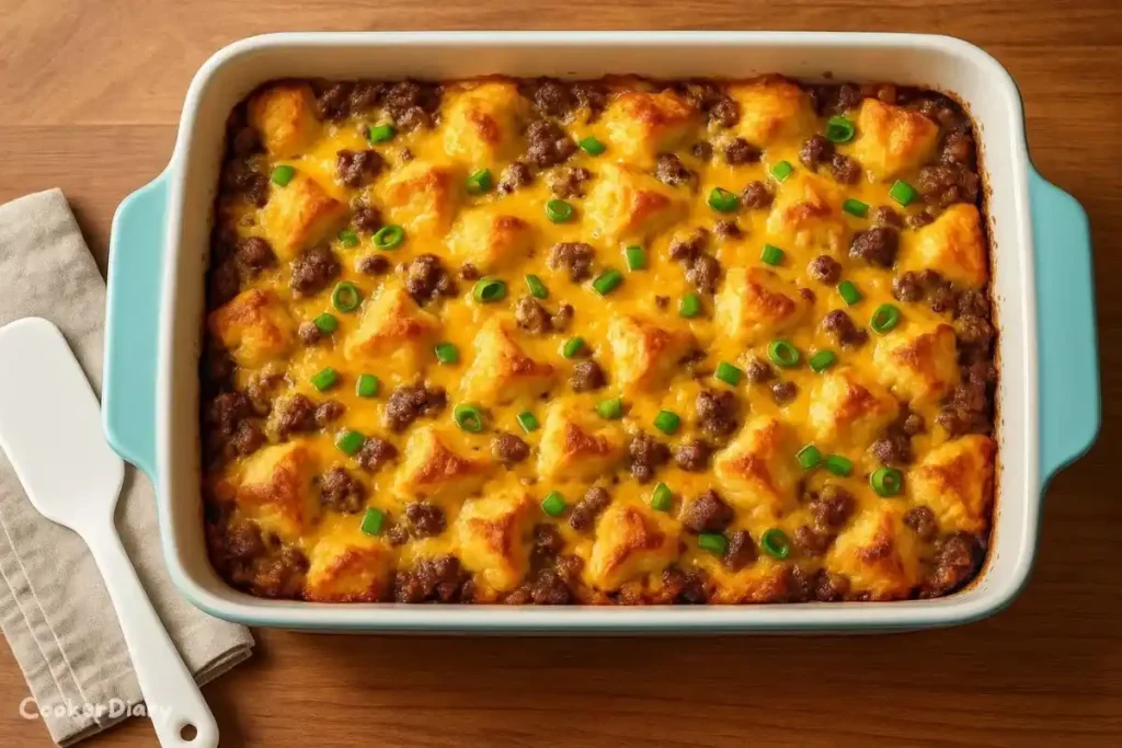 Top-down view of sausage biscuit casserole in a white baking dish on a wooden table.