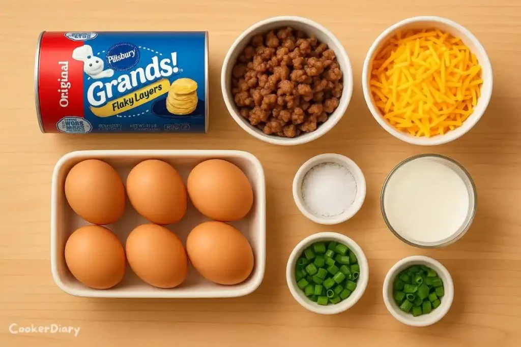 Flat-lay of raw sausage biscuit casserole ingredients on a wooden countertop.