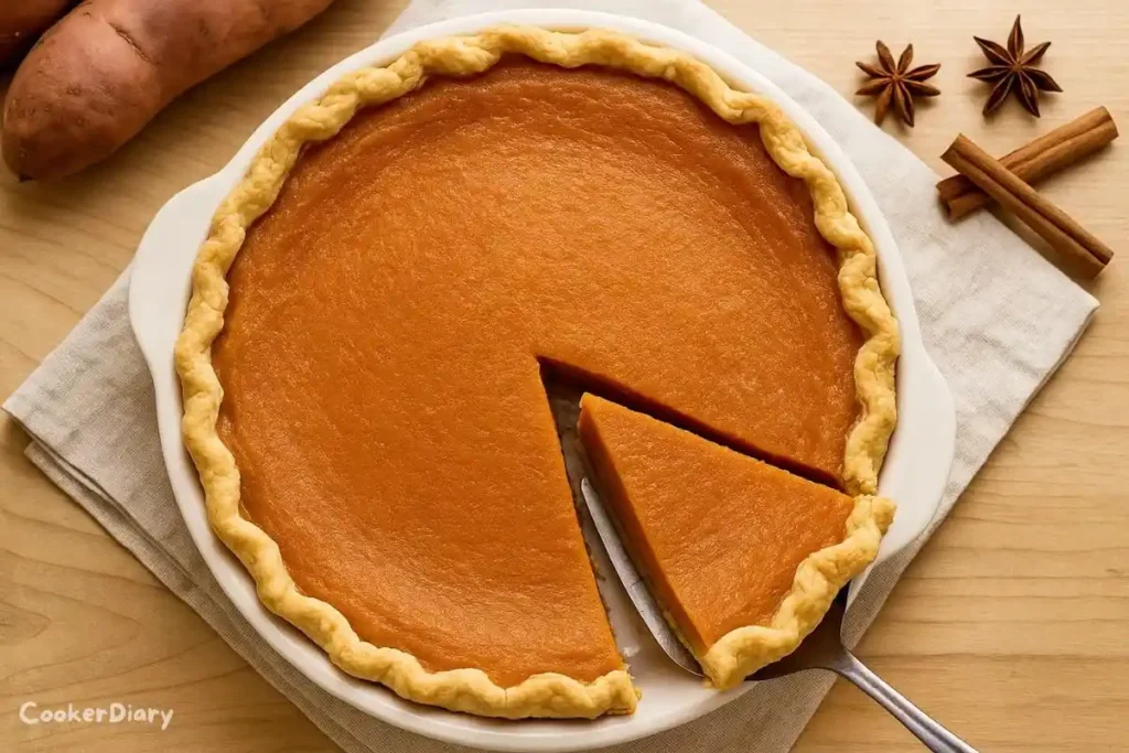 Overhead view of Southern Sweet Potato Pie with a slice lifted.