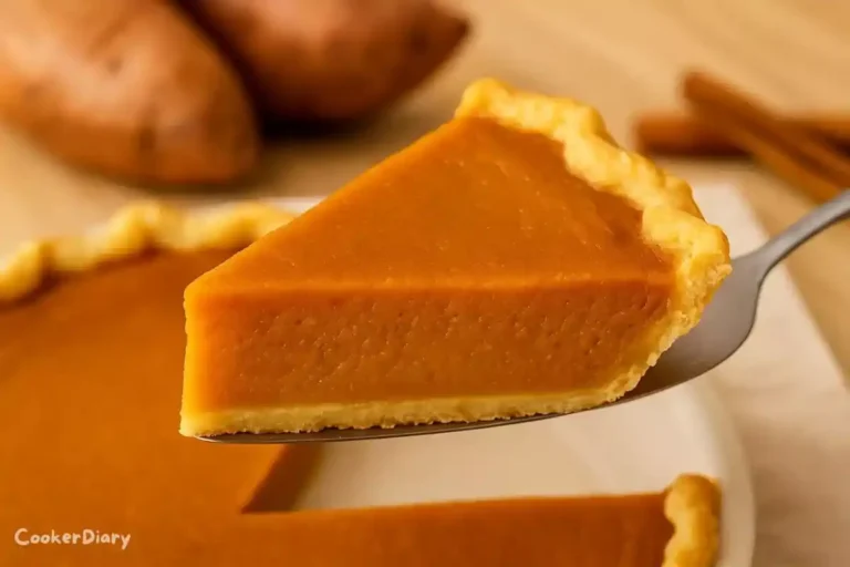 Angled close-up shot of sweet potato pie with a slice being lifted.