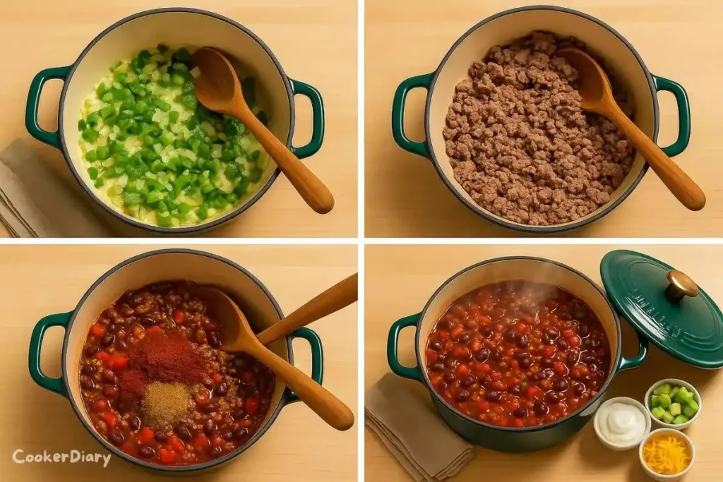 Four-step visual showing sautéing, browning, adding tomatoes/beans, and simmering chili.