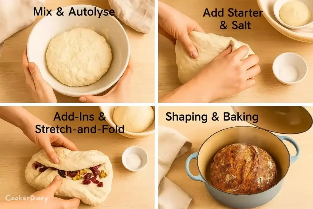 Four-step photo grid showing mixing dough, adding starter, folding in cranberries, and baking sourdough.