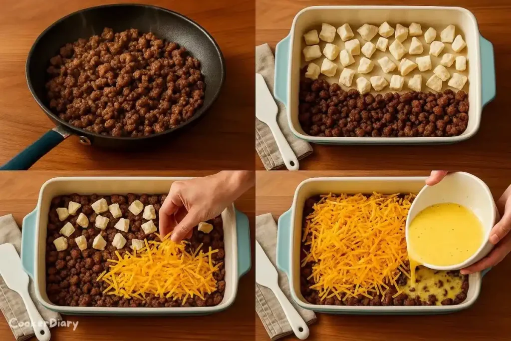 Four-panel image showing steps of making the breakfast casserole recipe.