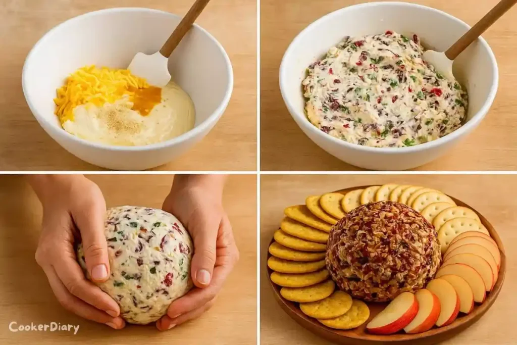 Four-step composite showing how to make cranberry cheese ball from mixing to rolling.