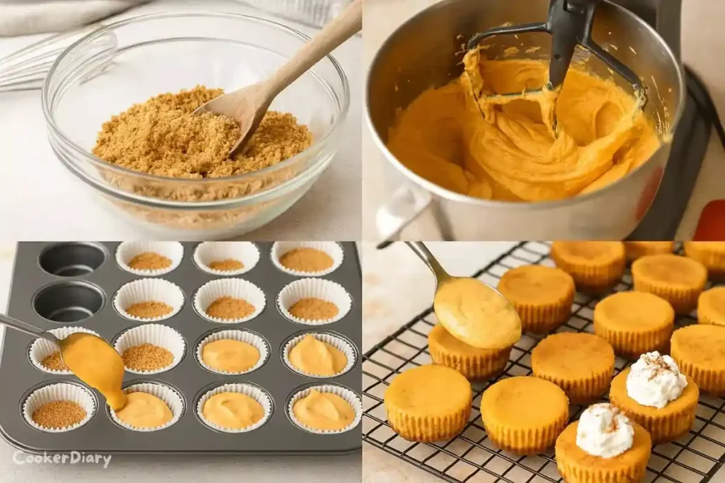 Four-step composite image showing crust mixing, pumpkin cheesecake batter preparation, filling cups, and final baked bites.