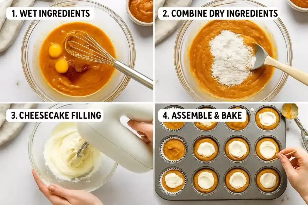 Four-step visual collage showing how to make pumpkin cheesecake muffins: mixing, combining, swirling, and baking.