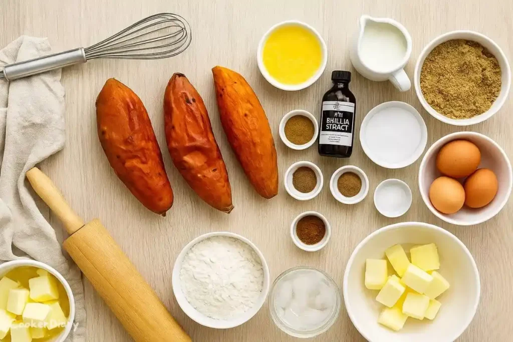 Flat-lay of ingredients for Southern Sweet Potato Pie on a wooden counter.