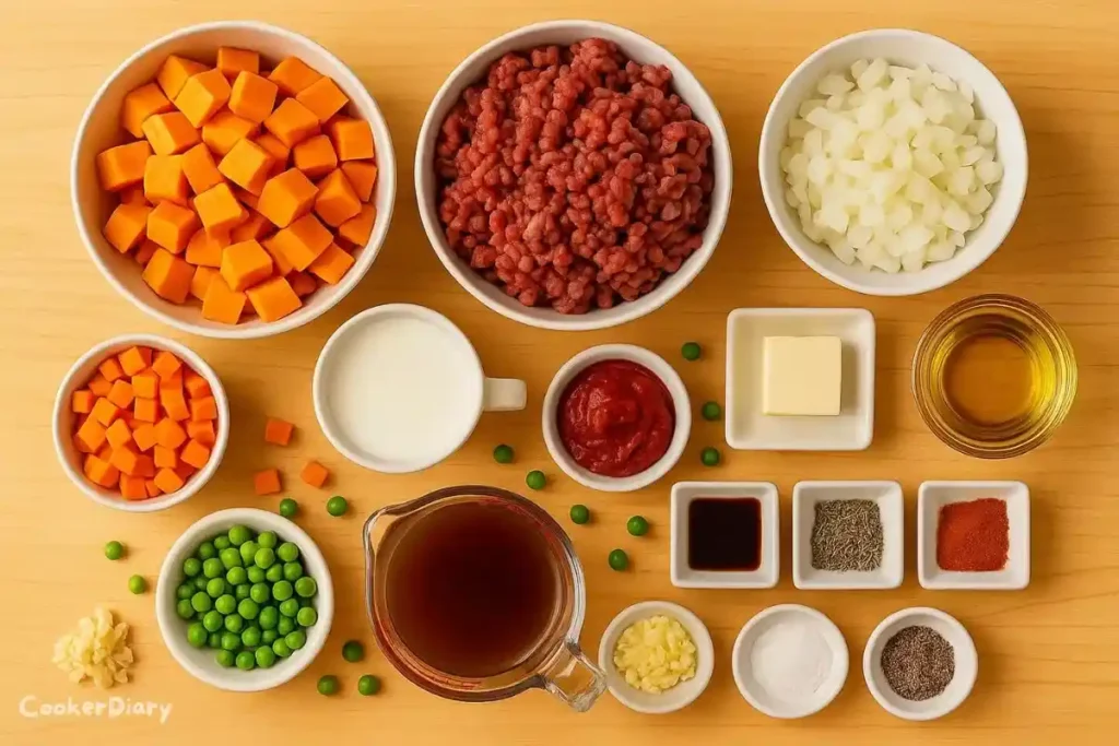 Flat-lay of ingredients for sweet potatoes pie arranged on a wooden countertop.