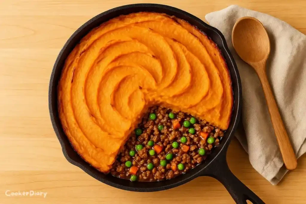 Top-down view of sweet potato shepherd’s pie in a white ceramic skillet with a serving scooped out.