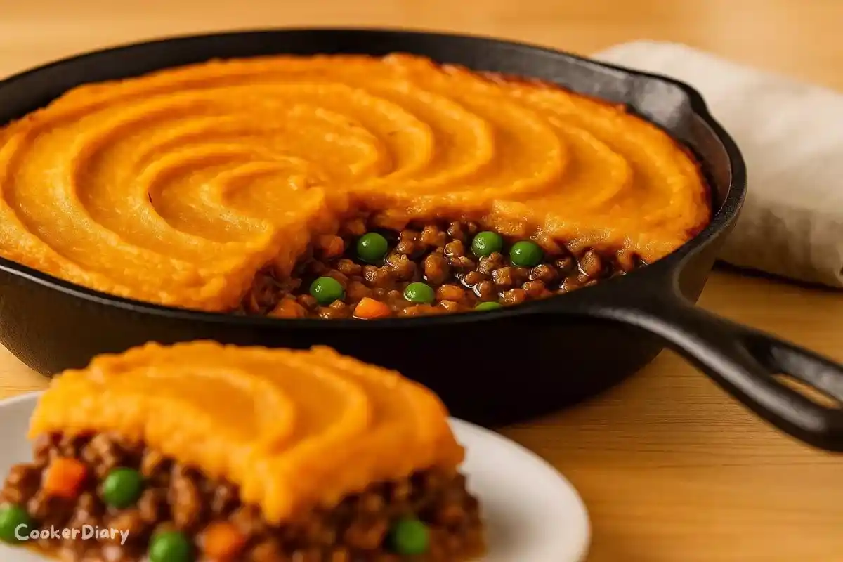 Angled close-up of sweet potato shepherd’s pie showing the topping and savory beef filling.