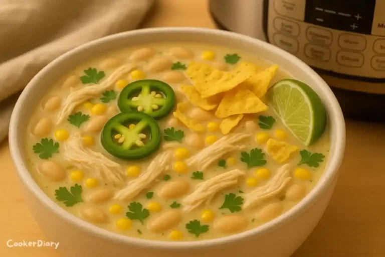 Angled close-up of creamy white chicken chili with colorful garnishes.