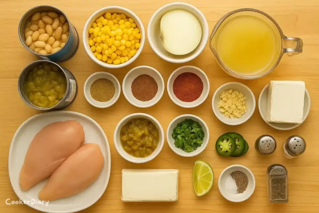 Flat-lay of ingredients for Instant Pot white chicken chili on wooden counter.