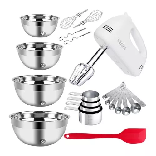 5-Speed Electric Hand Mixer and 4 Large Mixing Bowls Set