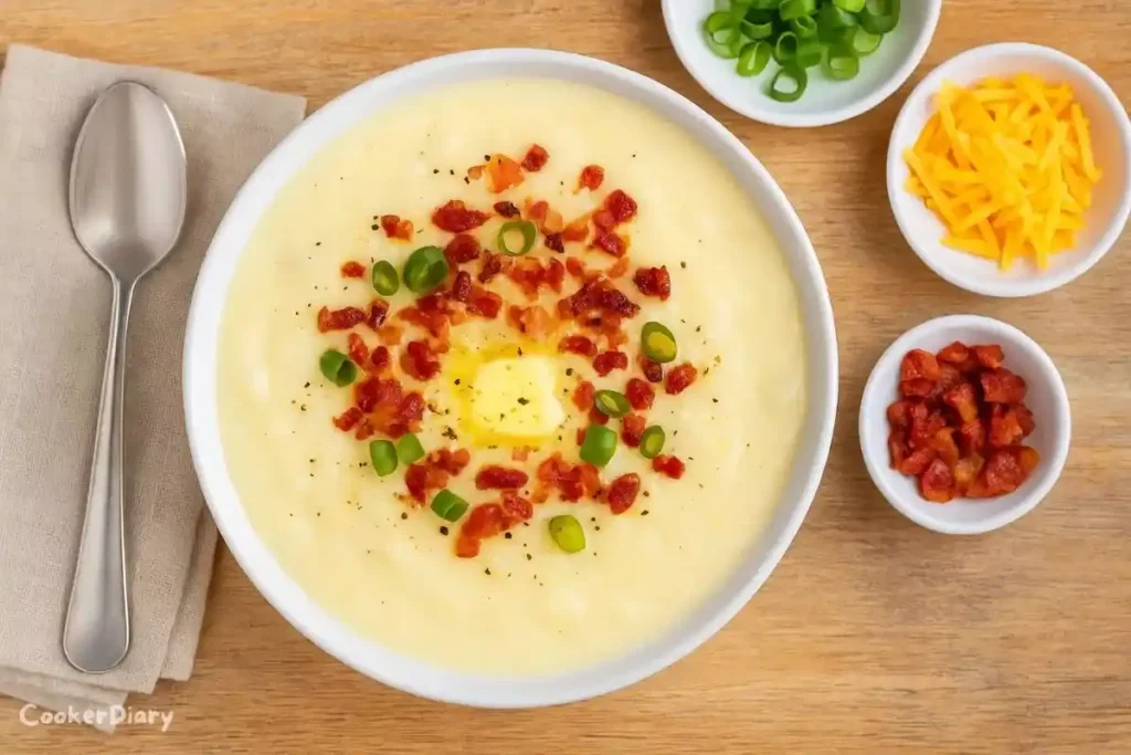 Top-down creamy potato soup in white ceramic bowl with butter and pepper.