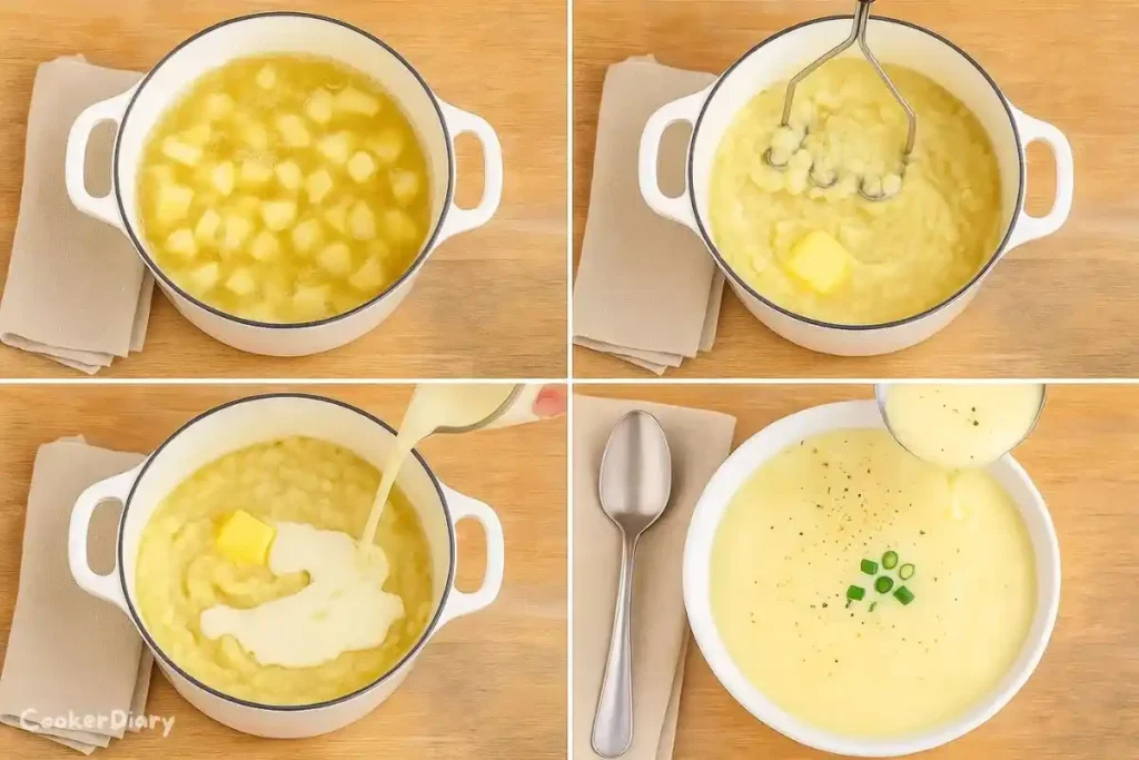 Four-step composite showing boiling, mashing, adding cream, and serving potato soup.